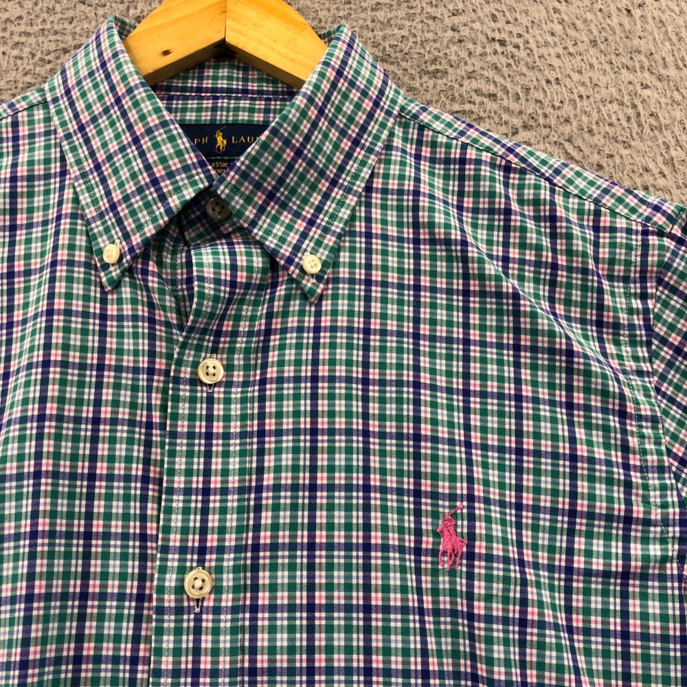 Polo Ralph Lauren Shirt Mens Small Blue Plaid Classic Fit Performance Pink Pony